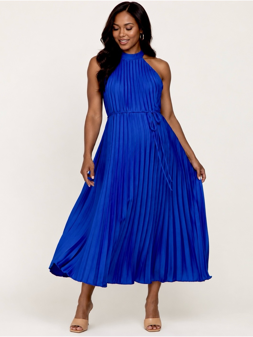 Tea & Cup Royal Blue Pleated Halter Midi Dress Waist Tie Size L